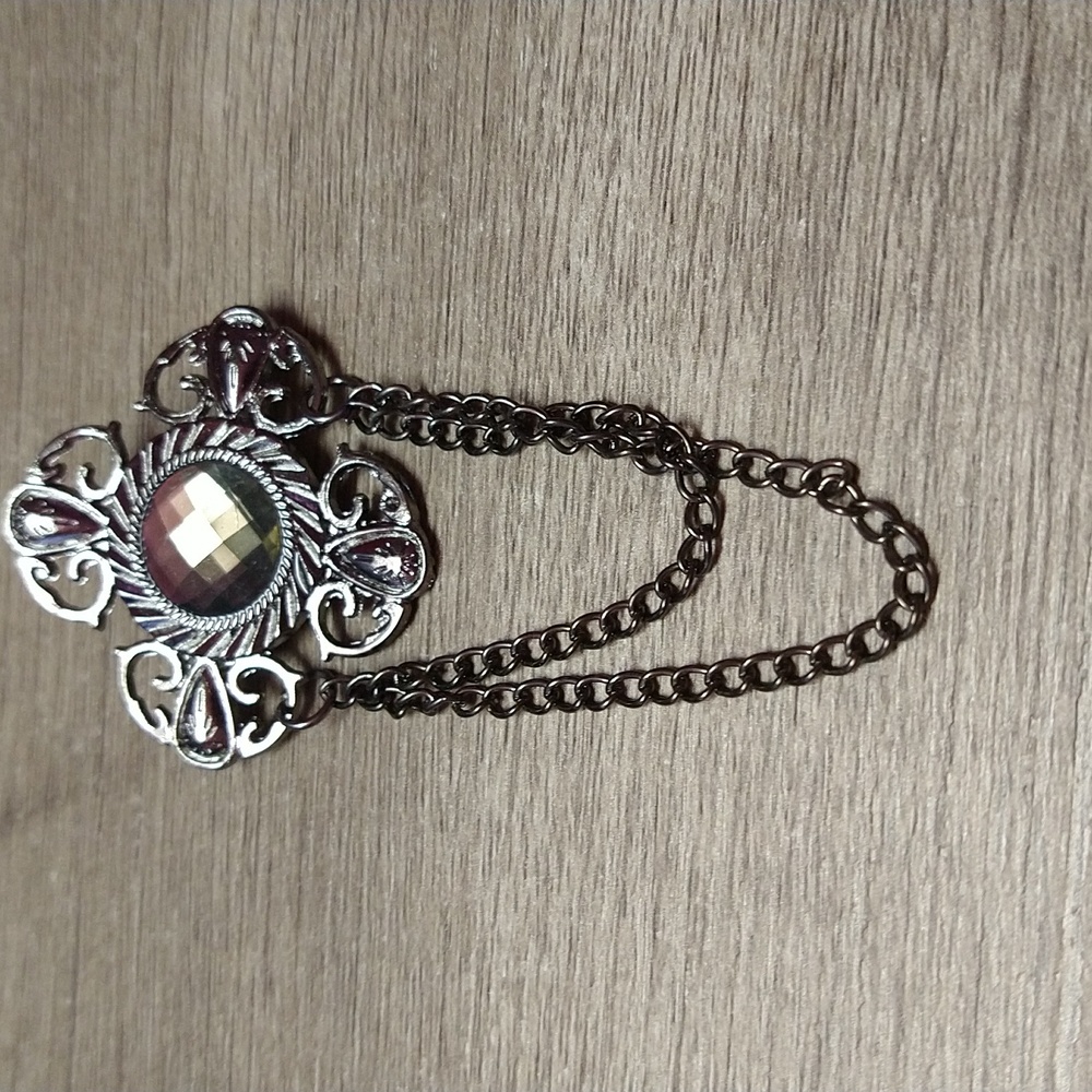 Grey Stone Medallion Brooch with double chains.